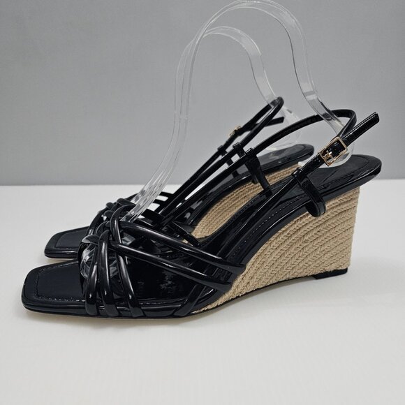 Tory Burch Multi Strap 75mm Wedge Women 9 Black Patent Leather Sandal Espadrille - Picture 1 of 14
